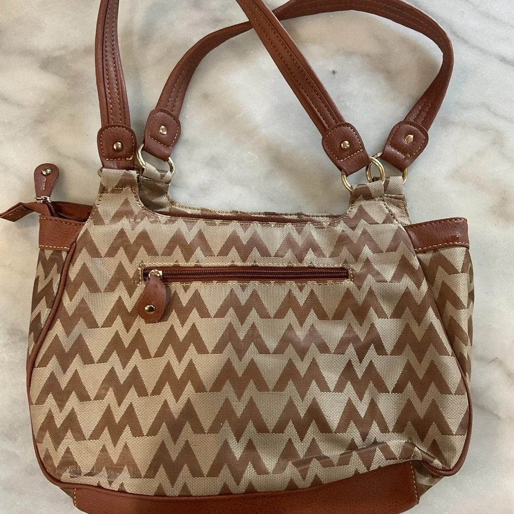 Chevron-Patterned Brown Shoulder Bag with Lock Accent